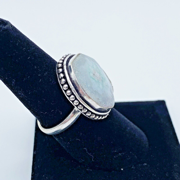 Solar Quartz Silver Vermeil Plated Ring Gray Green White Size 8 Unisex Boho - Picture 2 of 8